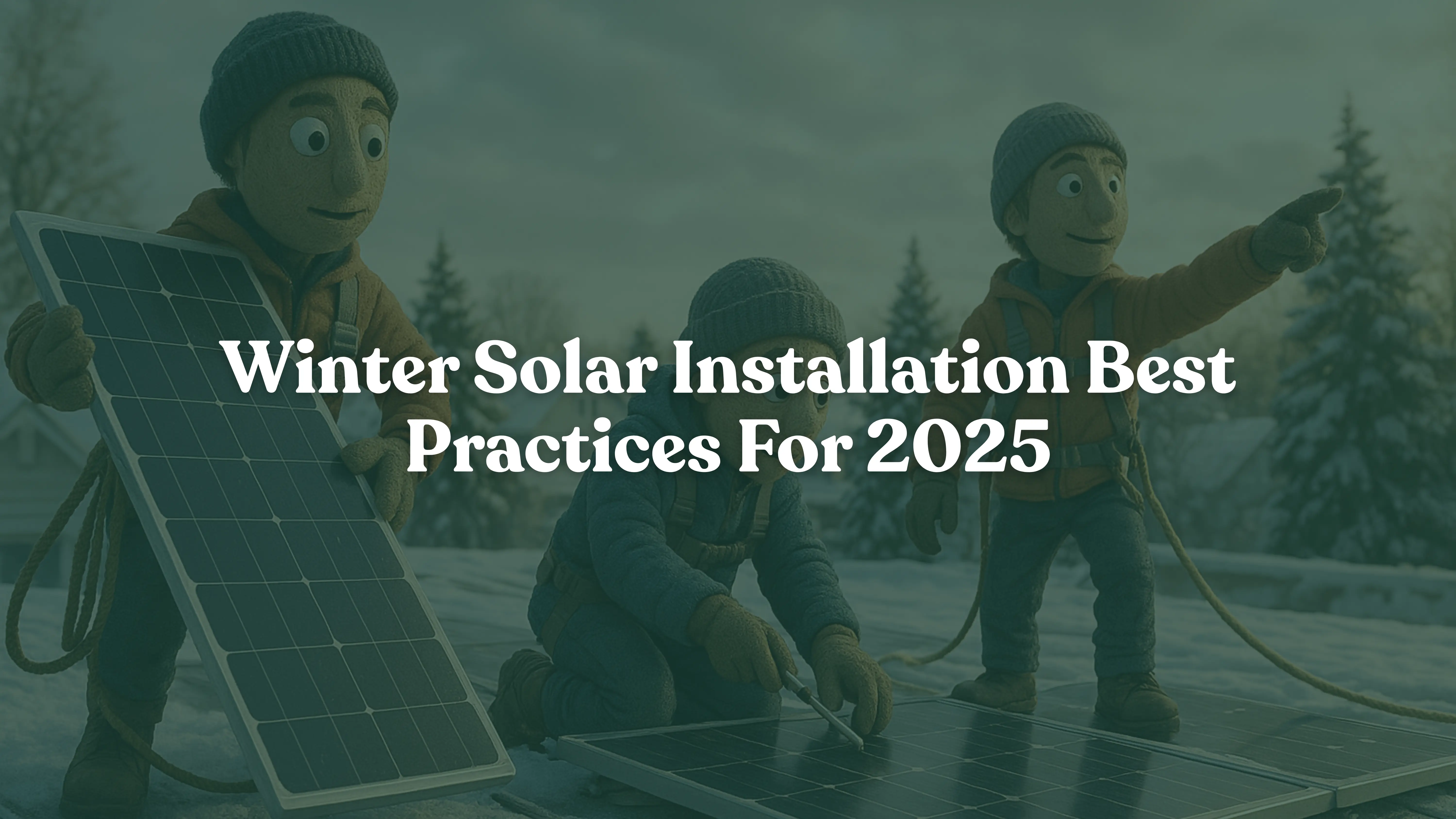 Winter solar installation crew working on snowy rooftop with safety equipment