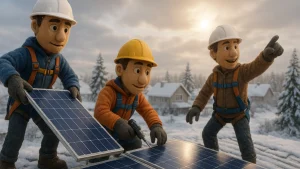 Winter solar installation crew working on snowy rooftop with safety equipment