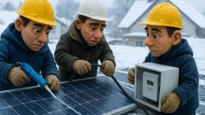 Solar installer applying cold-weather sealant during winter installation
