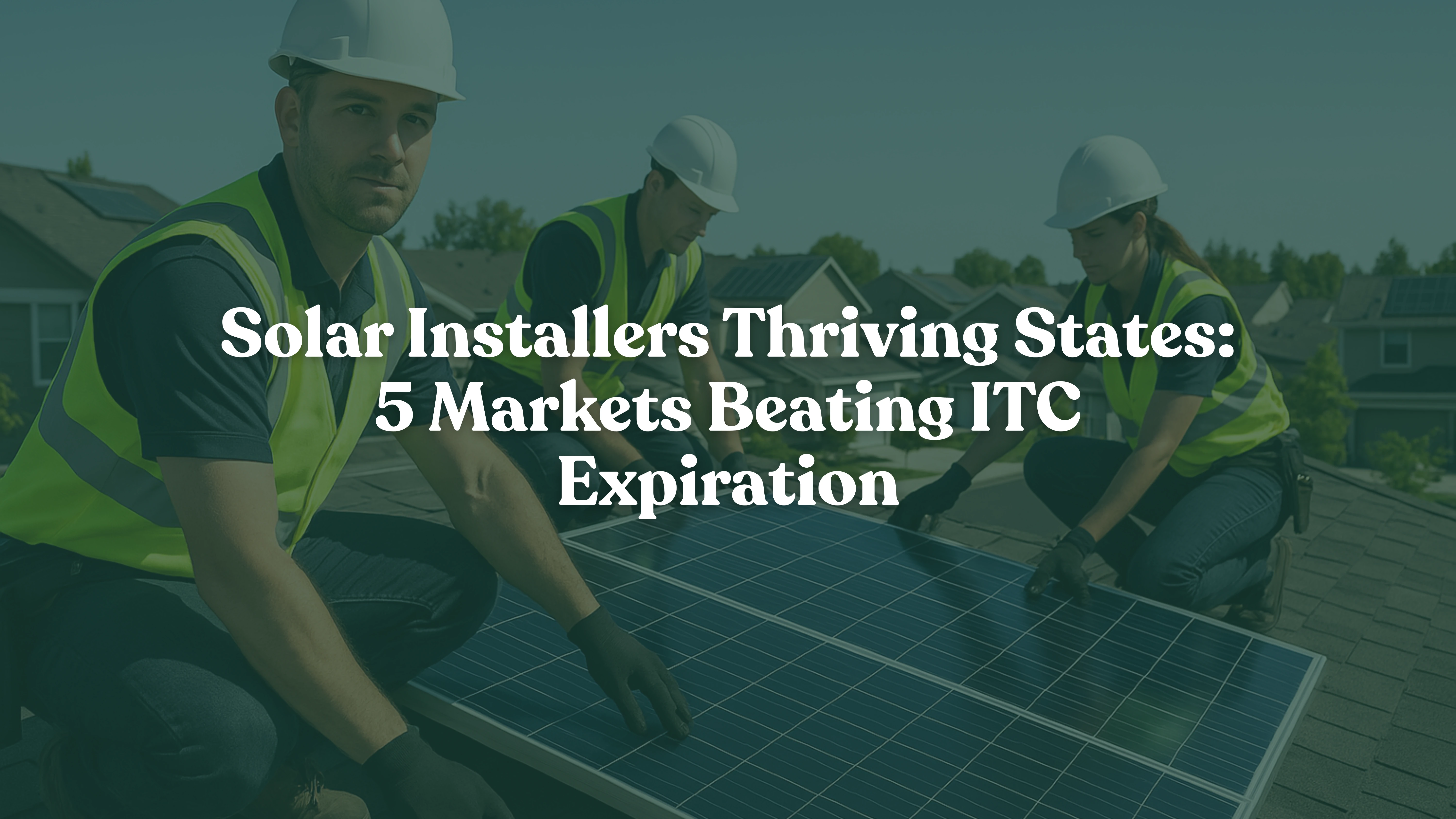 Professional solar installers work on the rooftop of a modern suburban home, installing sleek solar panels under a bright, clear sky. In the background, multiple houses with solar panels reflect strong local adoption, symbolizing growth and resilience in the solar industry despite federal tax credit challenges.