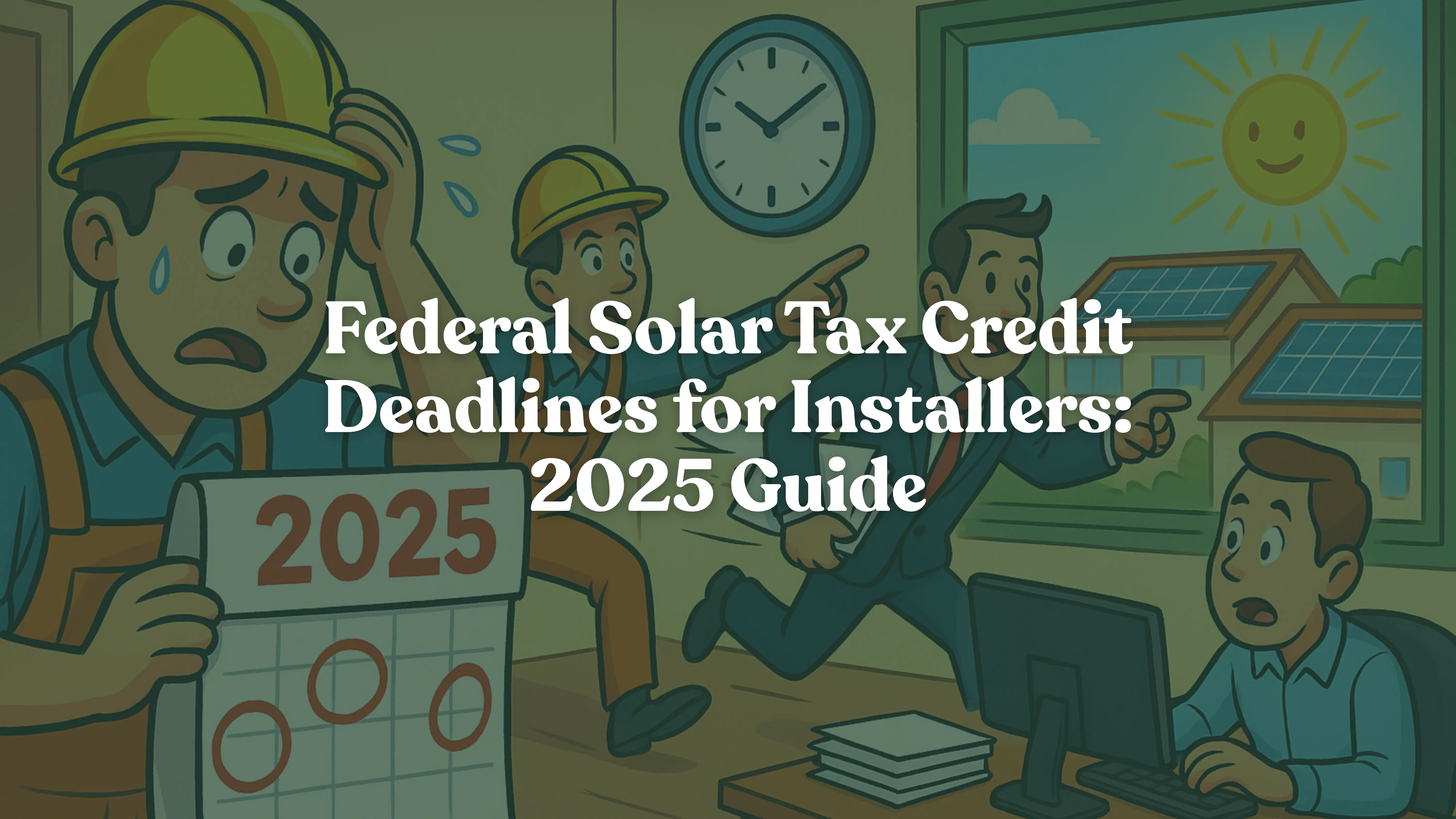 Cartoon-style 4K image of solar installers and managers in a busy office stressing over 2025 federal solar tax credit deadlines, with a worker holding a marked calendar, another rushing to submit paperwork, and solar panels visible outside—symbolizing urgency before residential and commercial solar ITC deadlines.