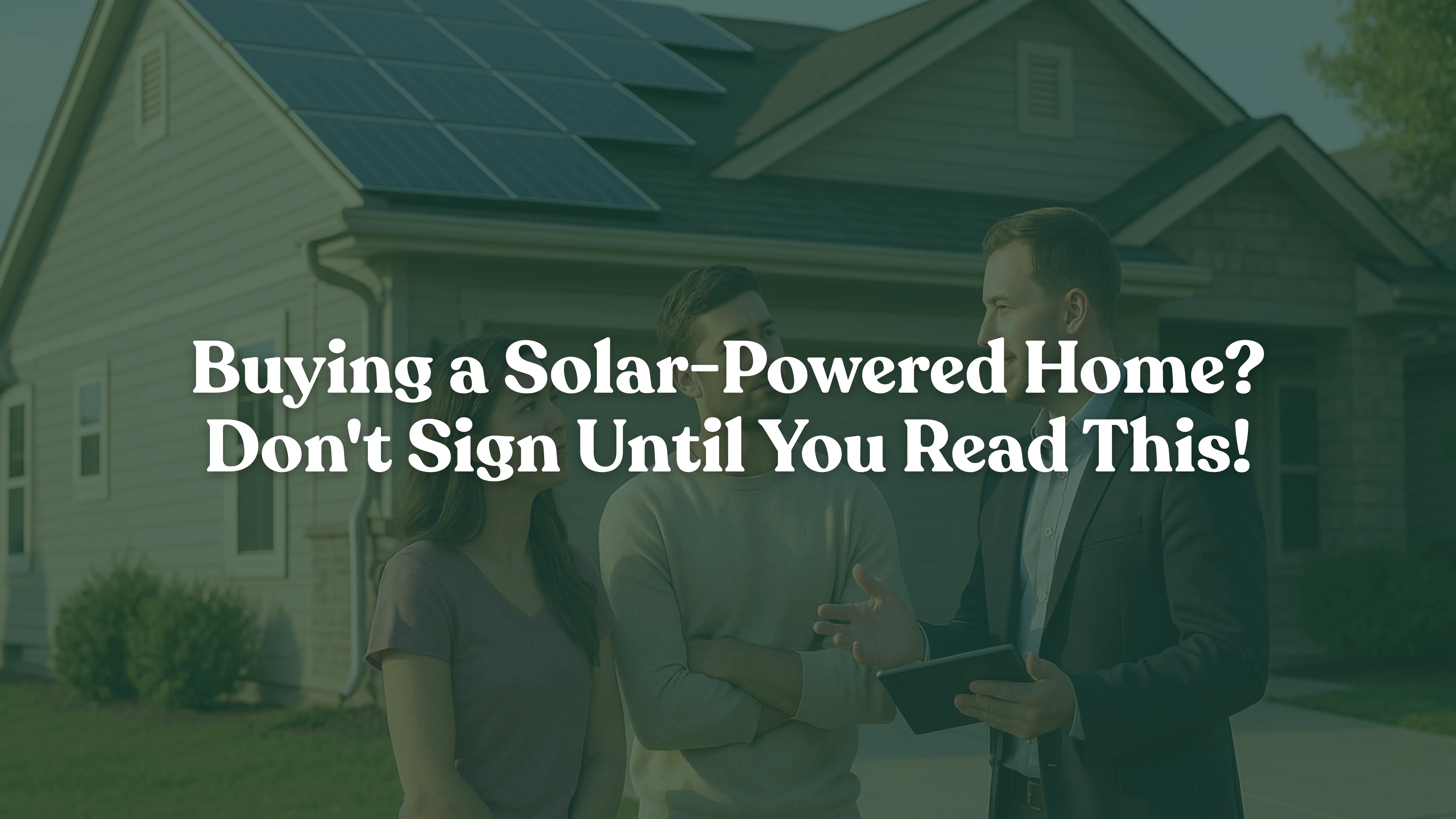 A modern suburban home with rooftop solar panels is shown in warm daylight. In the foreground, a young couple listens thoughtfully to a real estate agent holding a tablet. The scene reflects the process of buying a solar-powered home, where buyers seek clarity on ownership, warranties, and financial considerations, with the installer or expert guiding them through the decision.