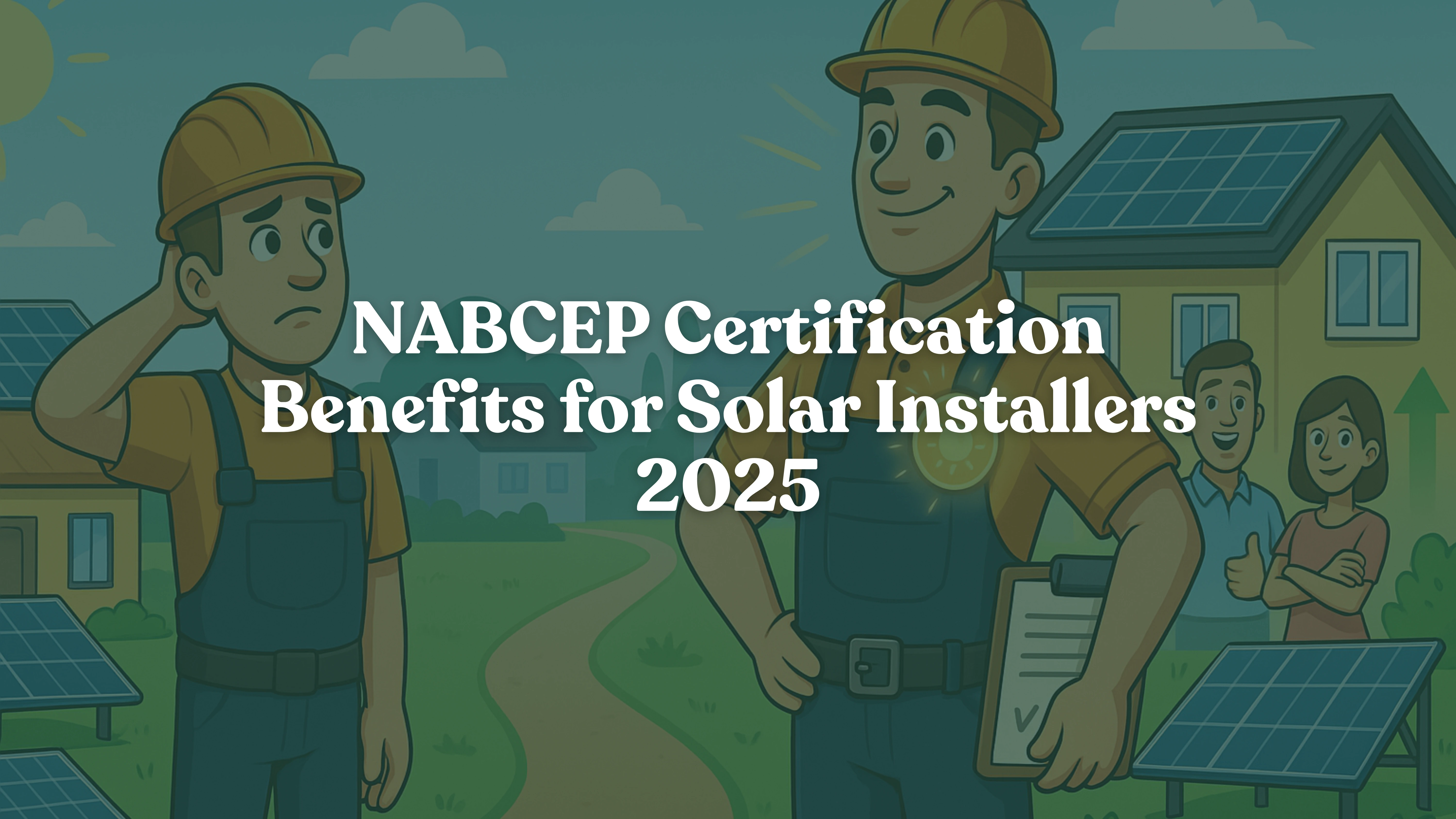 Cartoon illustration representing the question “Is NABCEP Certification Worth It?” — showing a solar installer choosing between two paths: one uncertain and limited, and the other confident and successful after earning NABCEP certification, symbolizing how certification boosts trust, unlocks premium projects, and drives solar business growth.