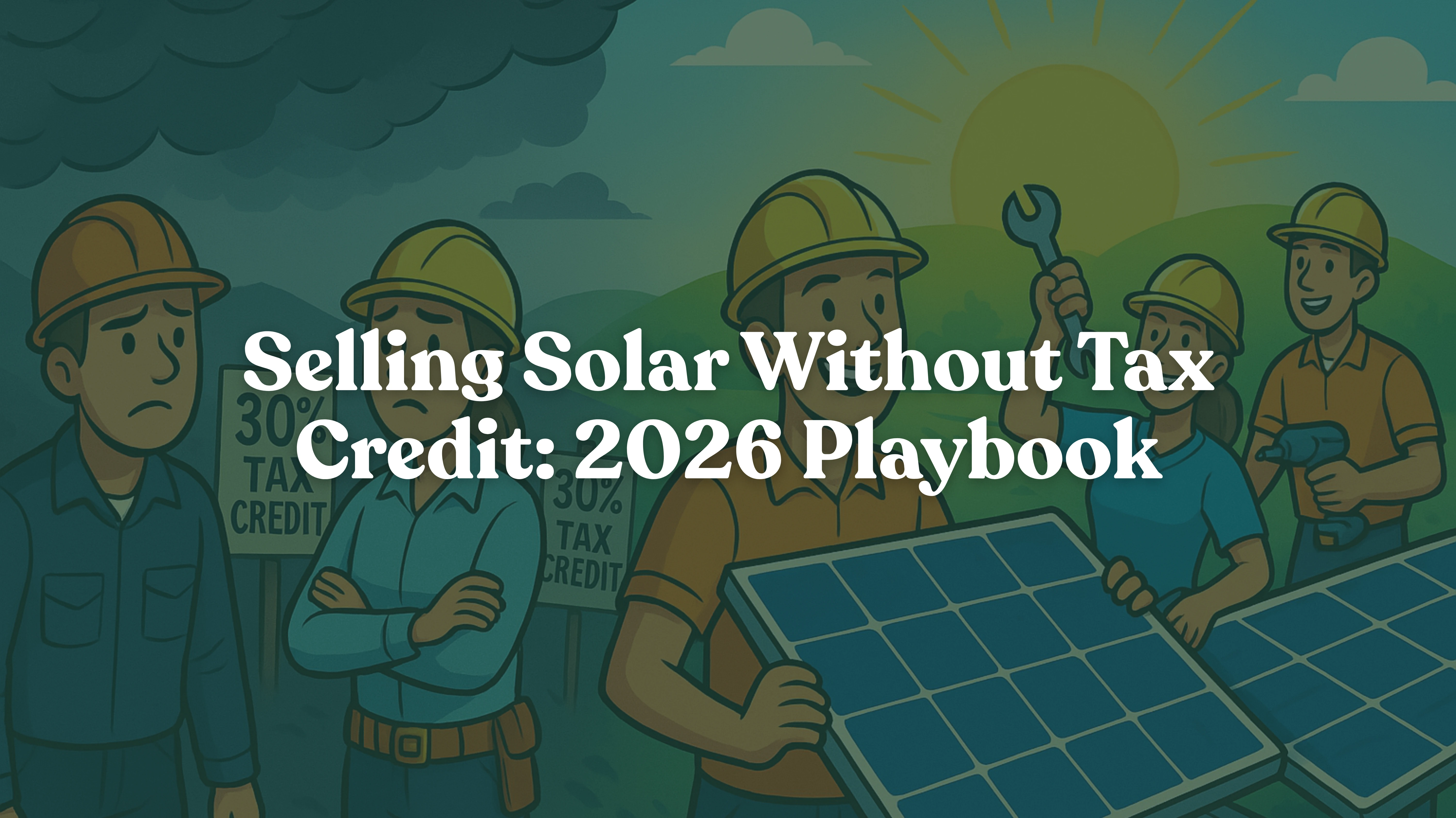 Cartoon illustration showing solar installers transitioning beyond the 30% federal tax credit era — anxious workers under dark clouds beside fading tax credit signs on the left, and confident, future-ready solar professionals installing panels under a bright sunrise on the right, symbolizing resilience and innovation in the post-ITC solar industry.