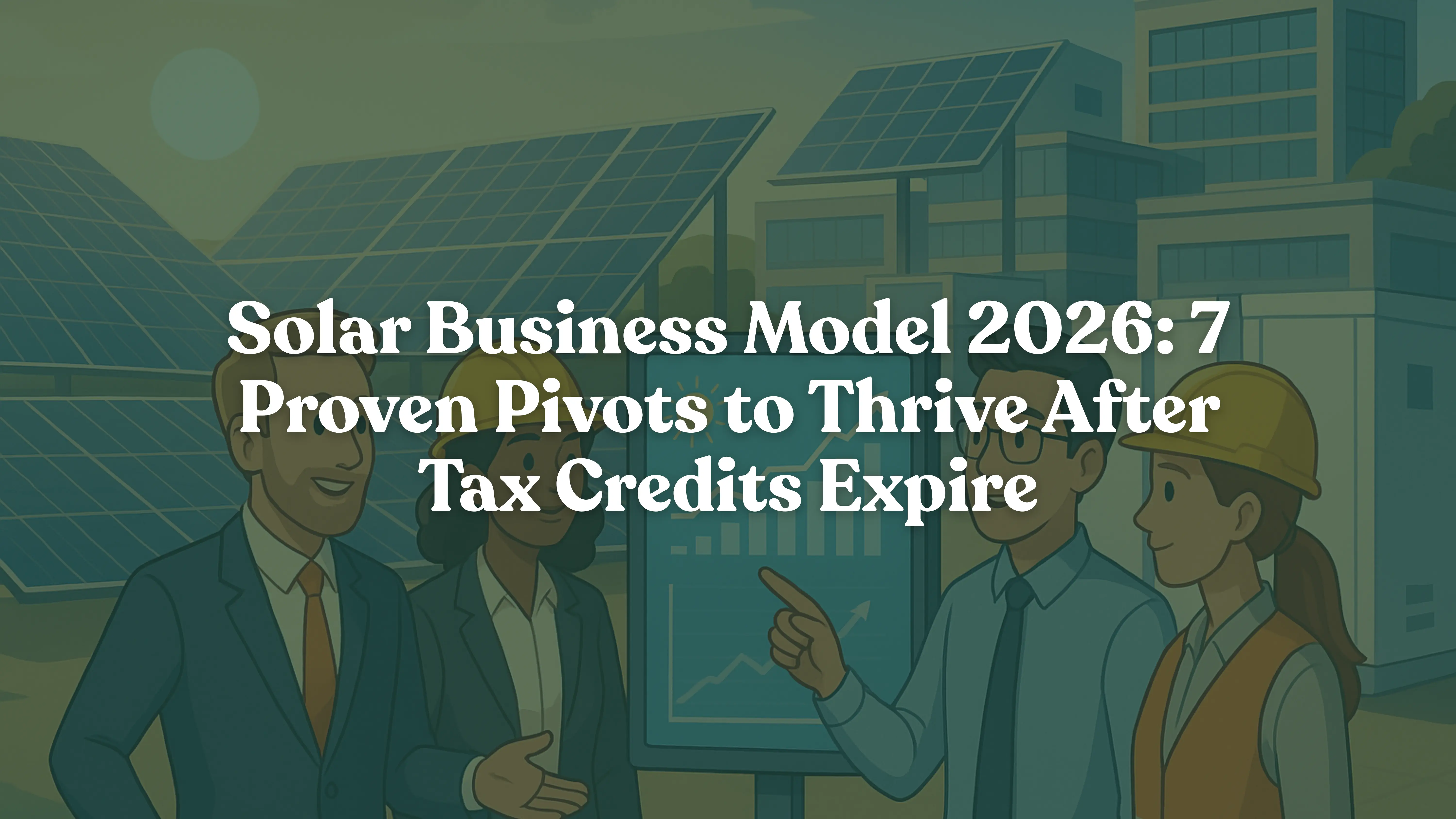 Solar business professionals and engineers discussing strategies at a futuristic solar farm, featuring large commercial solar panels, battery storage units, and office buildings with rooftop solar arrays in the background, symbolizing the 2026 shift in solar business models beyond residential tax credits.