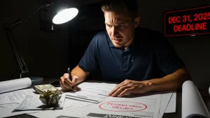 A 4k image showing a highly stressed solar installer frantically working at a desk buried in permit documents under a harsh light. In the background, a large digital clock prominently displays the urgent Solar Tax Credit Deadline of DEC 31, 2025, symbolizing the pressure to complete installations before the expiration and how Permitting Delays threaten profitability in 2025.