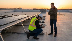 Structural engineer inspecting commercial solar ballasted racking on a flat roof, reviewing wind load calculations and seismic requirements for PE stamp certification.