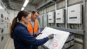 Licensed electrical engineer reviewing schematics with a PE stamp for a commercial solar inverter and battery storage system to verify NEC compliance.