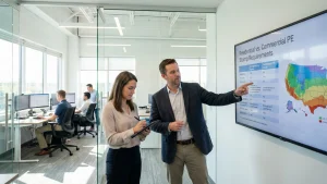 Solar project managers in a modern office reviewing a compliance decision matrix for residential versus commercial PE stamp requirements.
