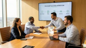 Solar contractor and professional engineer shaking hands over organized permit documentation and soil reports, demonstrating best practices for securing PE stamps and successful project delivery.