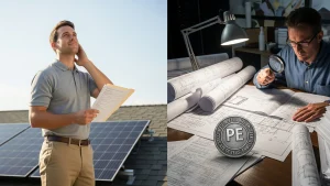 A side-by-side comparison illustrating solar permitting documentation. On the left, a relieved worker holds a thin folder of simple Residential Solar Documentation. On the right, an intense engineer is surrounded by massive, rolled-up, complex blueprints and schematics, with a large, metallic Professional Engineer (PE) stamp visible, symbolizing the high technical and legal hurdles of Commercial Solar Documentation.