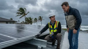 Structural engineer demonstrating reinforced solar mounting clamps to a homeowner to explain protection against wind uplift and suction forces (3300 Pa) required for Florida hurricane zone solar installations.