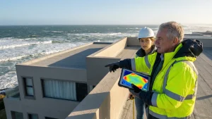 Solar engineers performing an ASCE 7-16 site assessment on a beachfront property, analyzing roof corner wind zones and Exposure D conditions on a digital tablet to determine safe attachment spacing.