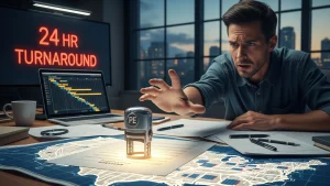 A high-contrast, cinematic image emphasizing the high value of fast Professional Engineer (PE) Stamps in solar permitting. A stressed project manager anxiously looks at a map while reaching for a glowing PE stamp, with a '24 HR TURNAROUND' clock prominently displayed, illustrating that securing a qualified, quick PE is the major solution to Solar Permitting Delays and a critical factor in project profitability.