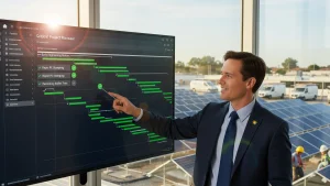 A confident, successful solar project manager viewing a high-tech digital dashboard displaying a perfectly executed Gantt chart for a commercial project. The chart highlights strategic tactics like Early Engineering Review and Rapid PE Stamping with green markers, illustrating how winning contractors master Strategic Solar Permitting and navigating bureaucracy to ensure project efficiency and profitability.