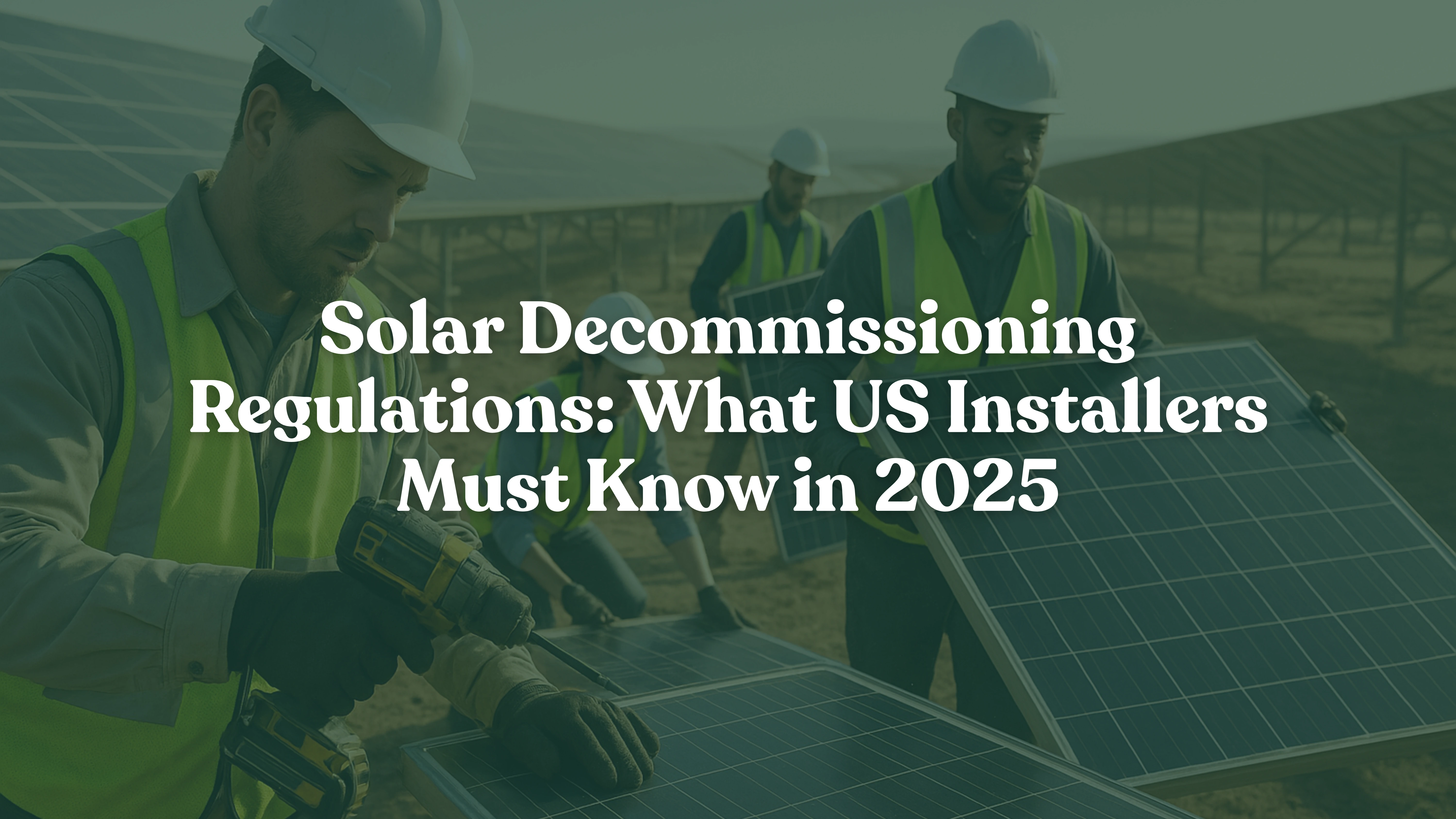 Solar technicians dismantling end-of-life solar panels at a large solar farm, representing the growing need for compliant solar decommissioning and waste management as 20 U.S. states enforce new regulations in 2025.