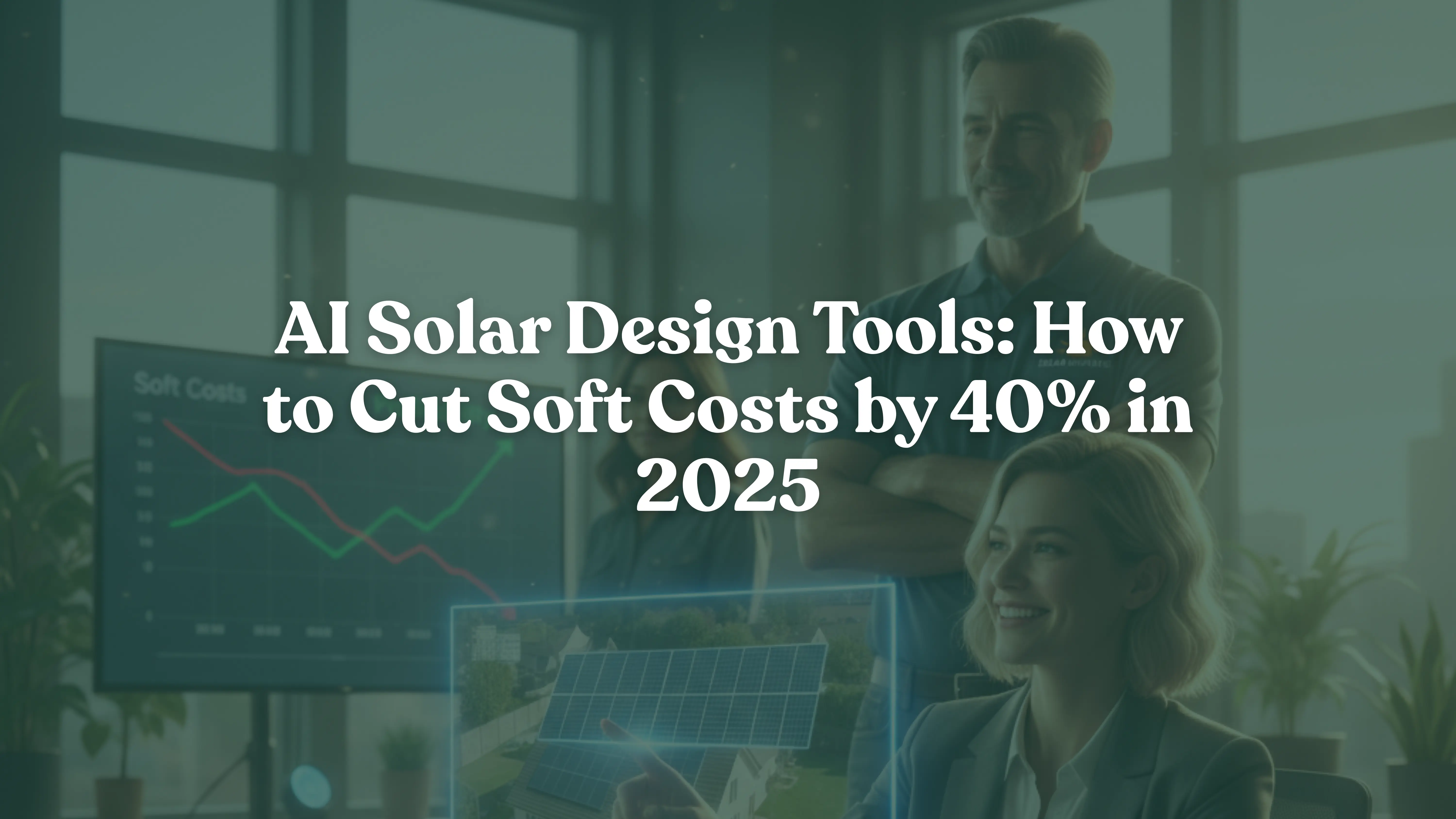 Ultra-realistic image of solar design professionals confidently using AI software to model a rooftop solar array, demonstrating how AI solar design tools slash soft costs and boost installation profitability.