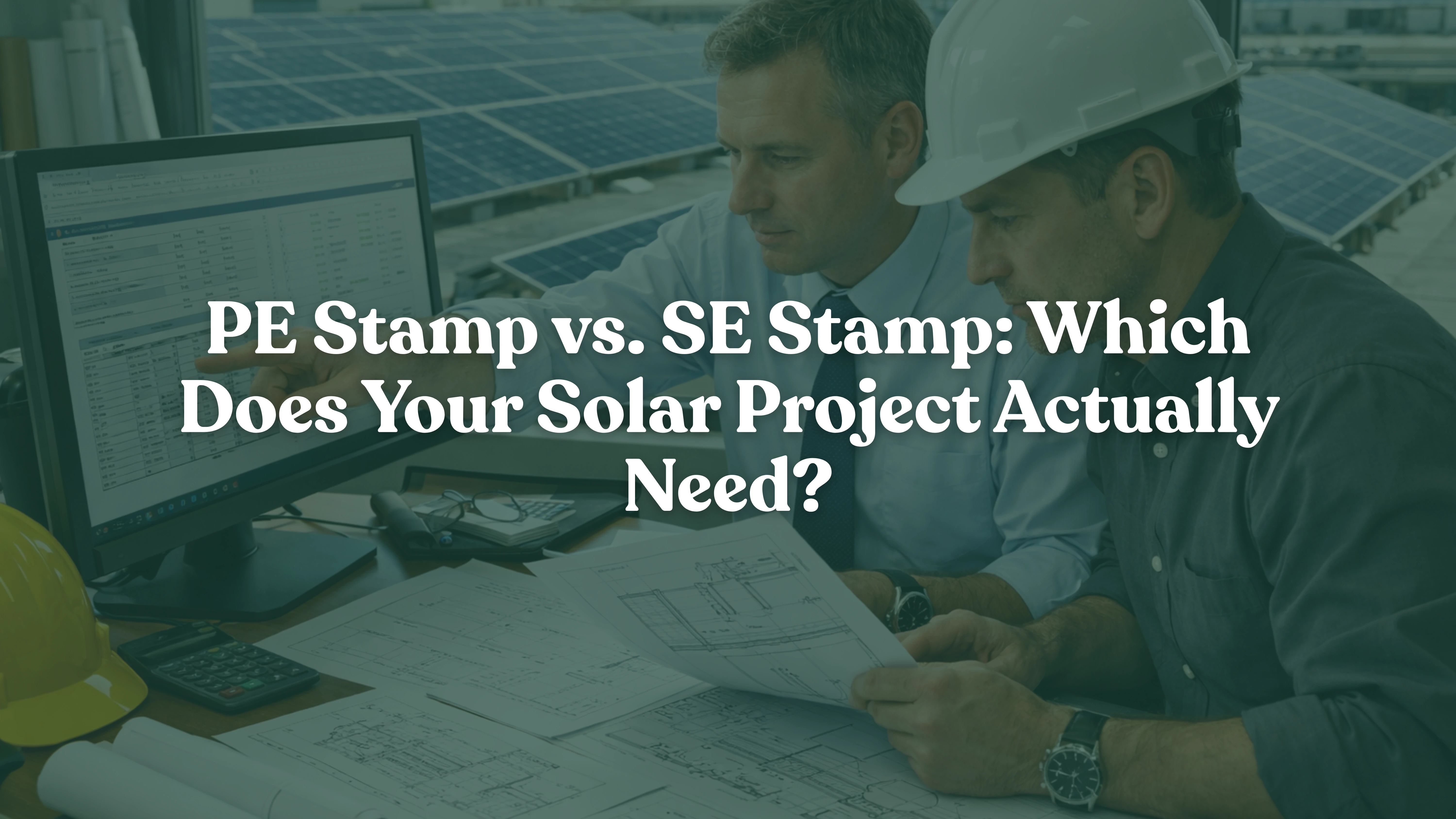 Professional Engineer and Structural Engineer reviewing solar permit drawings and load calculations in a modern office, illustrating PE stamp vs SE stamp requirements for solar projects to avoid permit rejections, AHJ delays, and costly rework for US solar installers and EPC contractors.