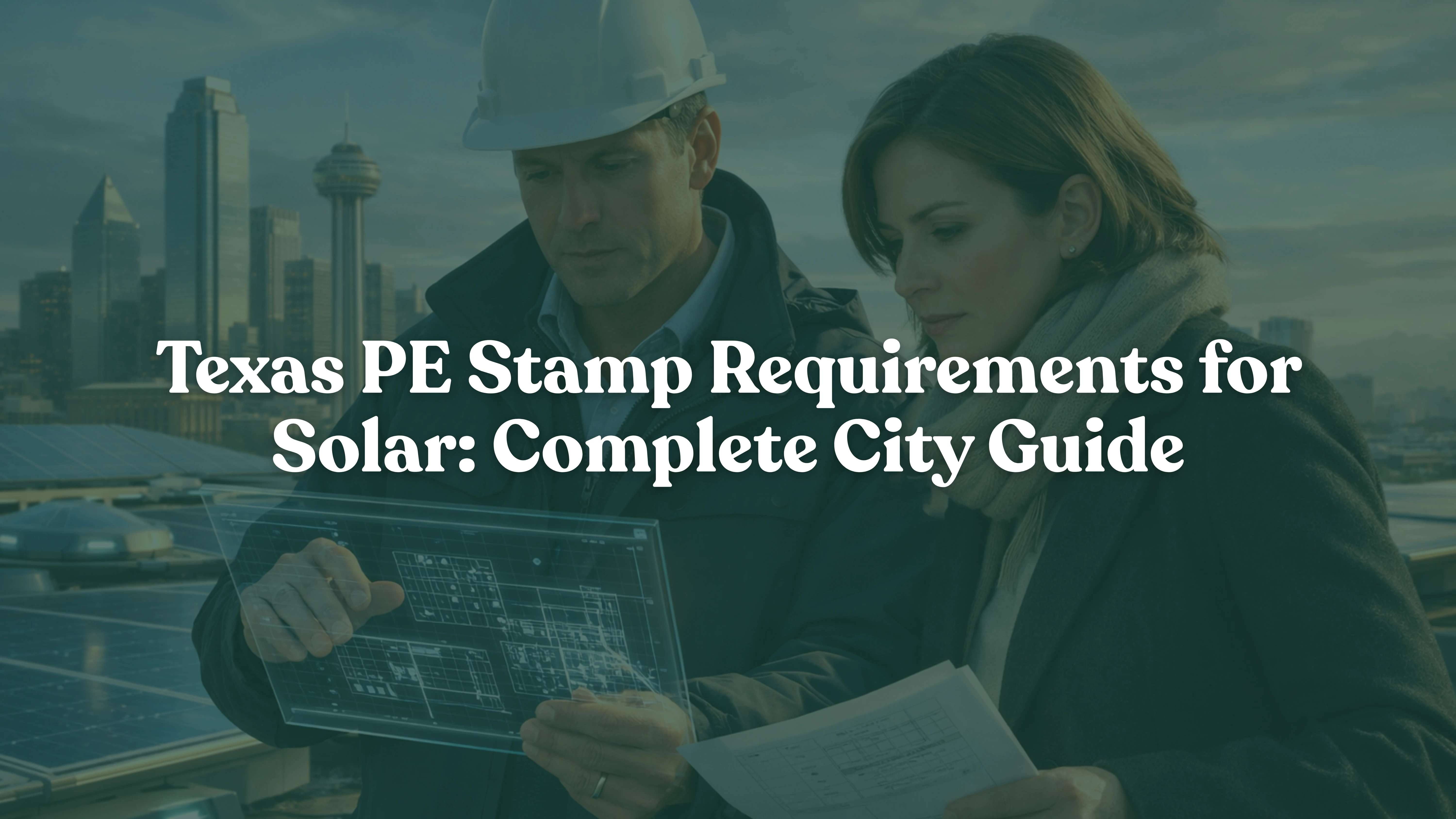 Reviewing PE-stamped solar plans on a holographic tablet atop a rooftop solar installation in a Texas city skyline, illustrating city-specific permitting and engineering requirements for solar projects.