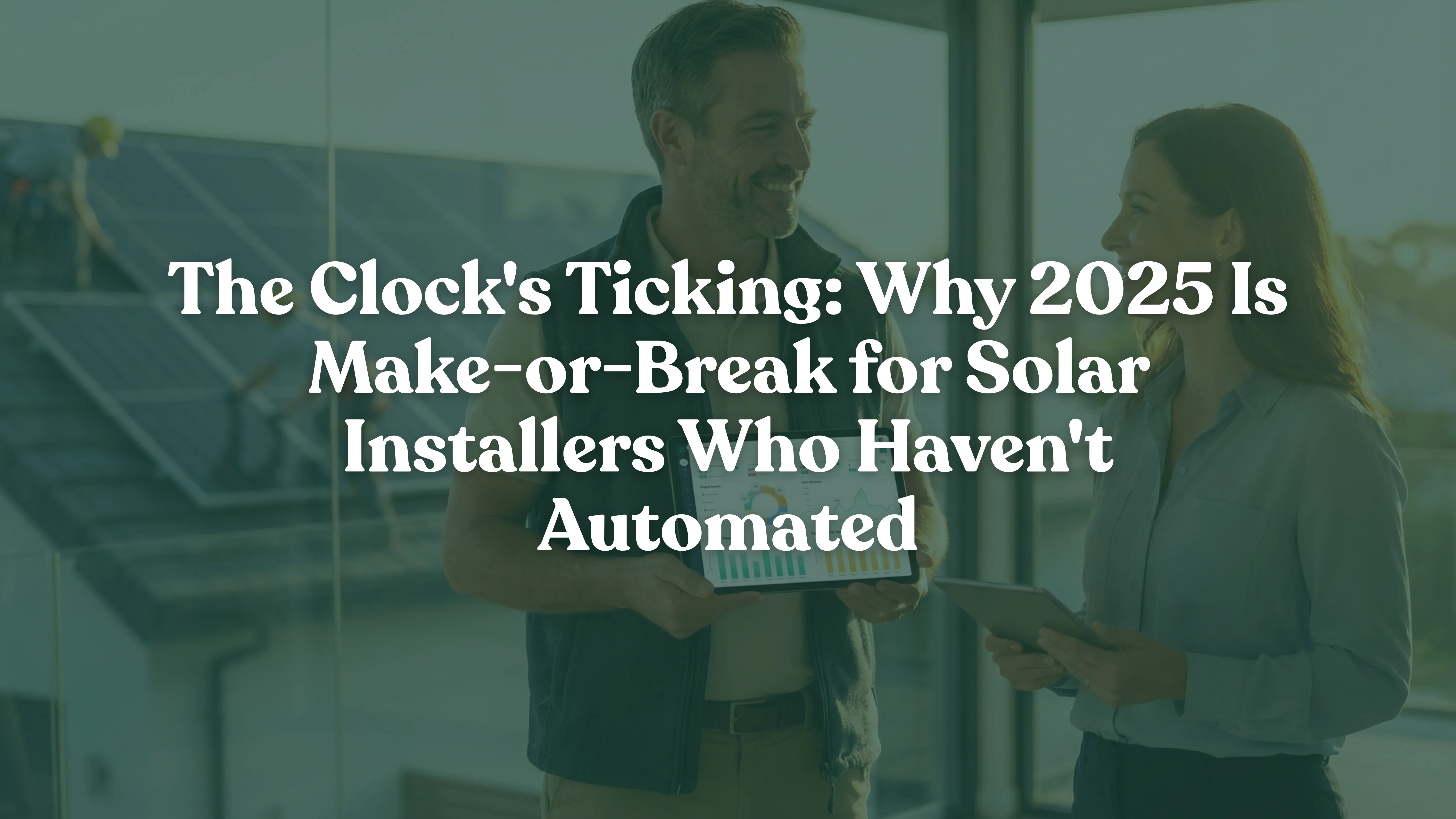 Successful solar business owners using solar installer automation software on a tablet to manage increased project volume, illustrating the scalability and efficiency of automated solar CRM and design tools for 2026.