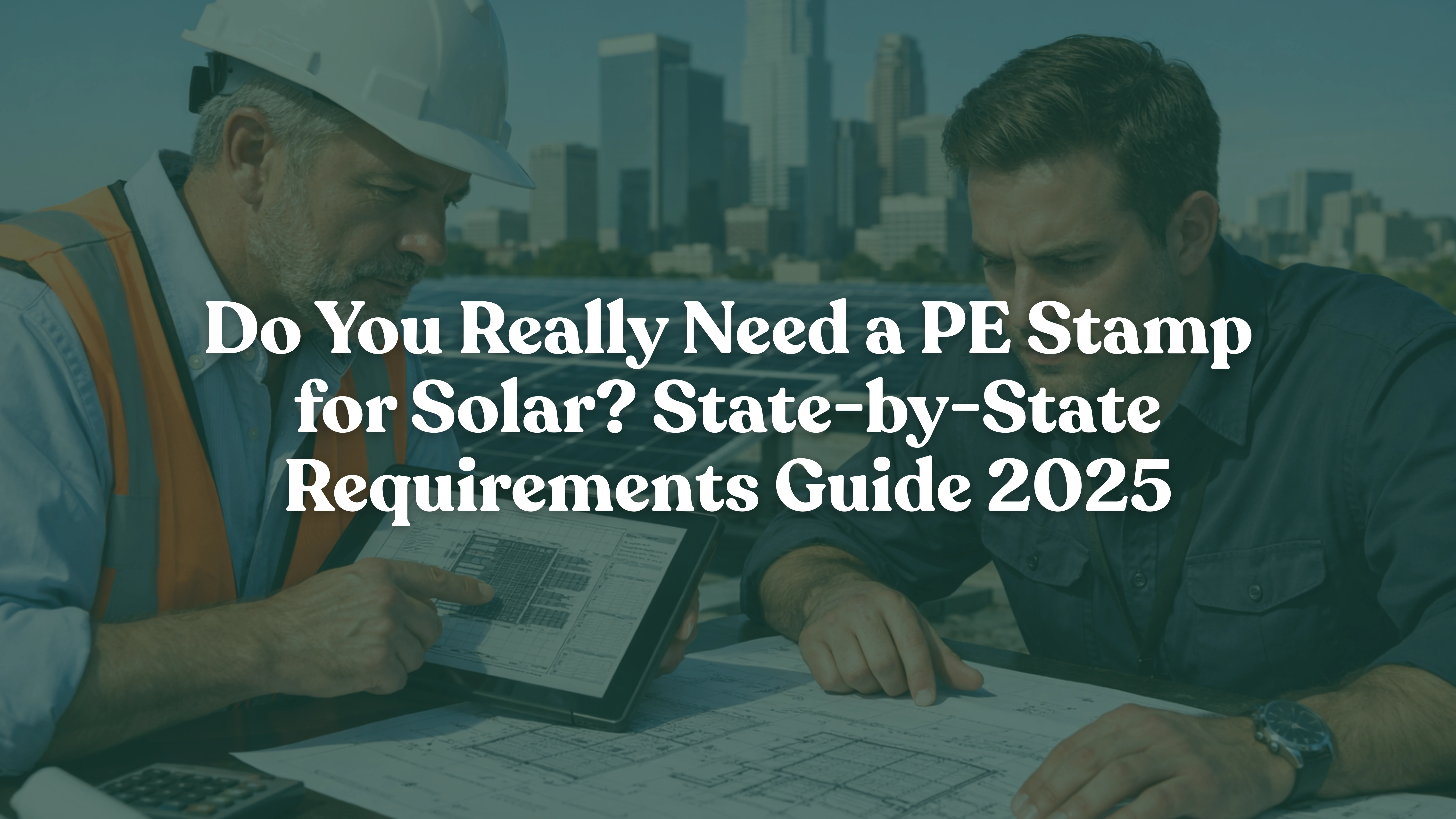 Reviewing PE-stamped solar engineering plans on a commercial rooftop, highlighting state-by-state PE stamp requirements for solar permitting, AHJ approval, and avoiding permit delays in U.S. solar projects.