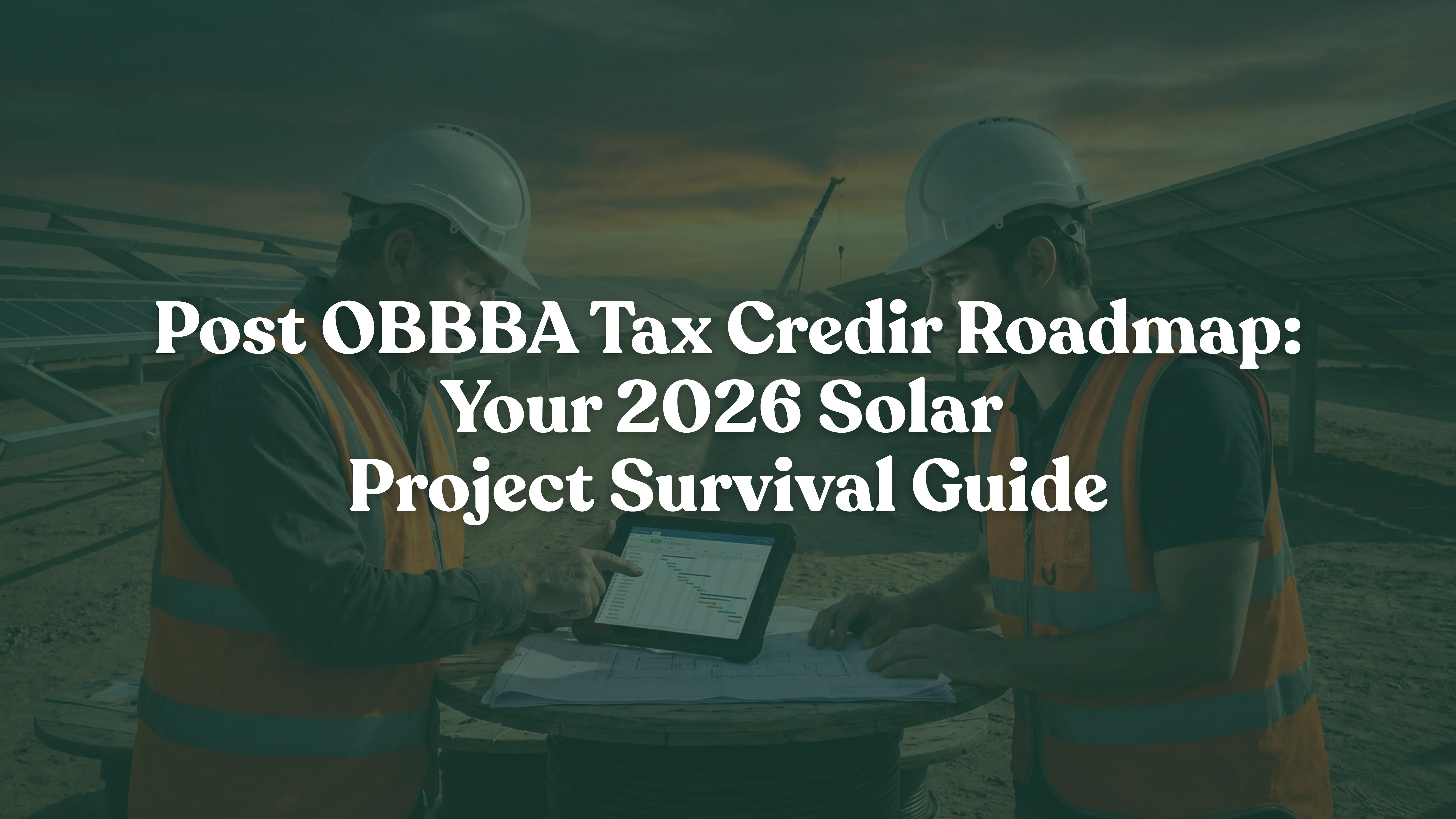 Solar energy project managers reviewing construction timelines on a tablet at a commercial job site during sunset, illustrating the urgency of meeting OBBBA 2026 tax credit deadlines and Physical Work Test requirements.