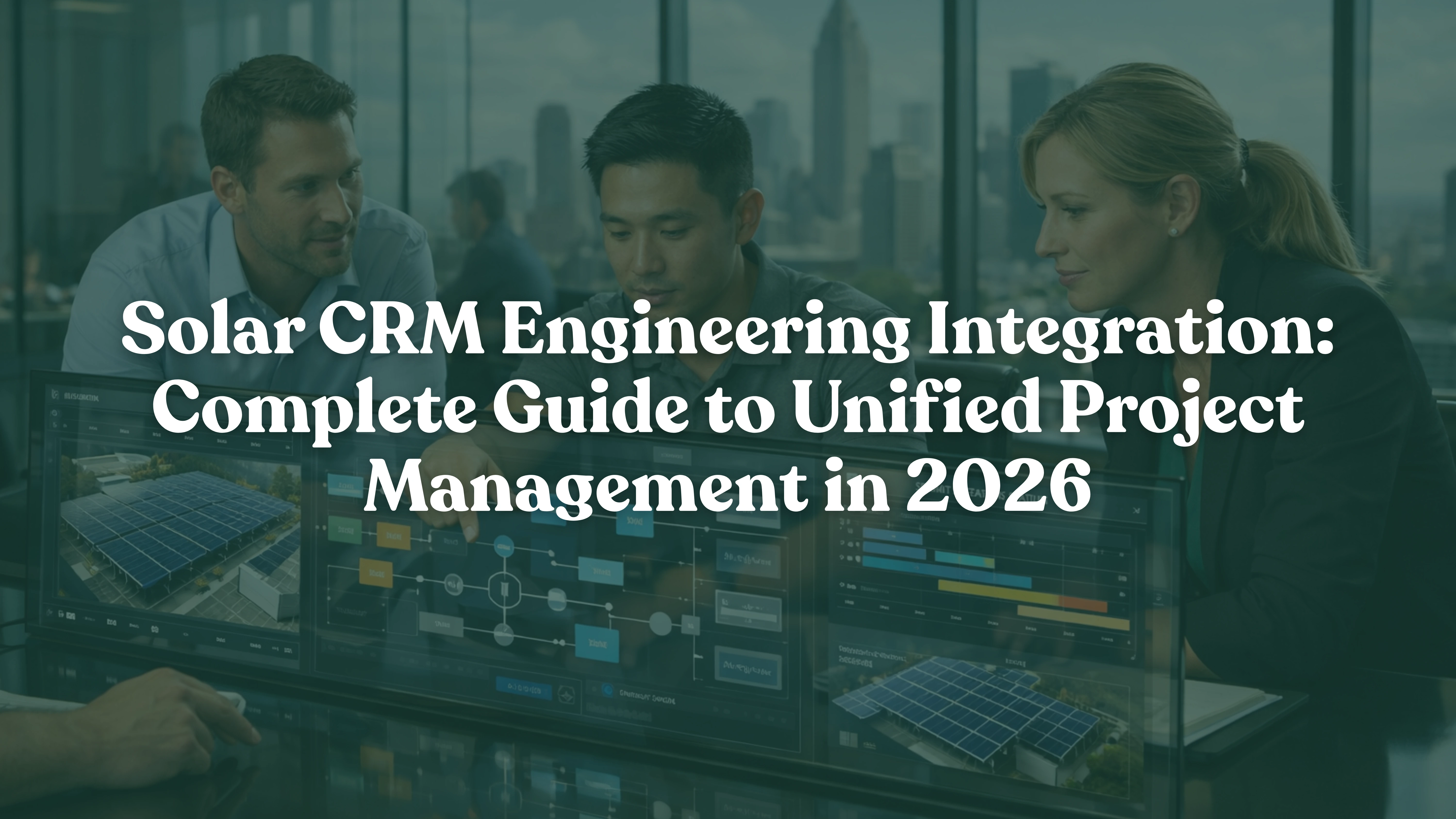 Solar professionals collaborating in a modern glass-walled operations office, reviewing integrated solar CRM, engineering designs, and permitting workflows on a shared digital workstation, representing the shift from disconnected tools to a unified end-to-end solar operations platform.