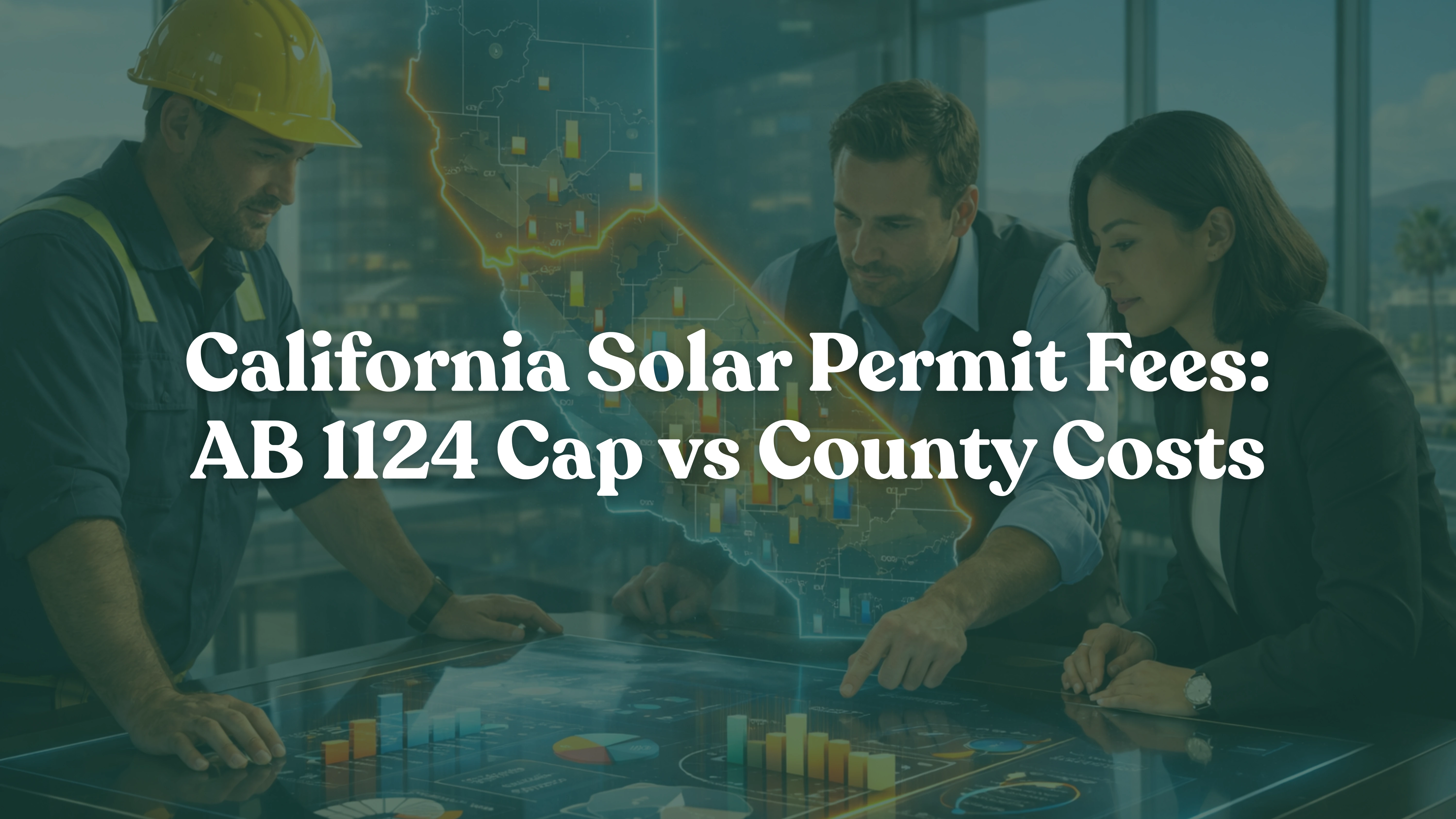 Solar installers and EPC professionals analyzing California solar permit fees on a digital table, with a holographic California county map showing AB 1124 permit fee caps versus actual county-by-county solar permitting costs in a modern compliance workspace.