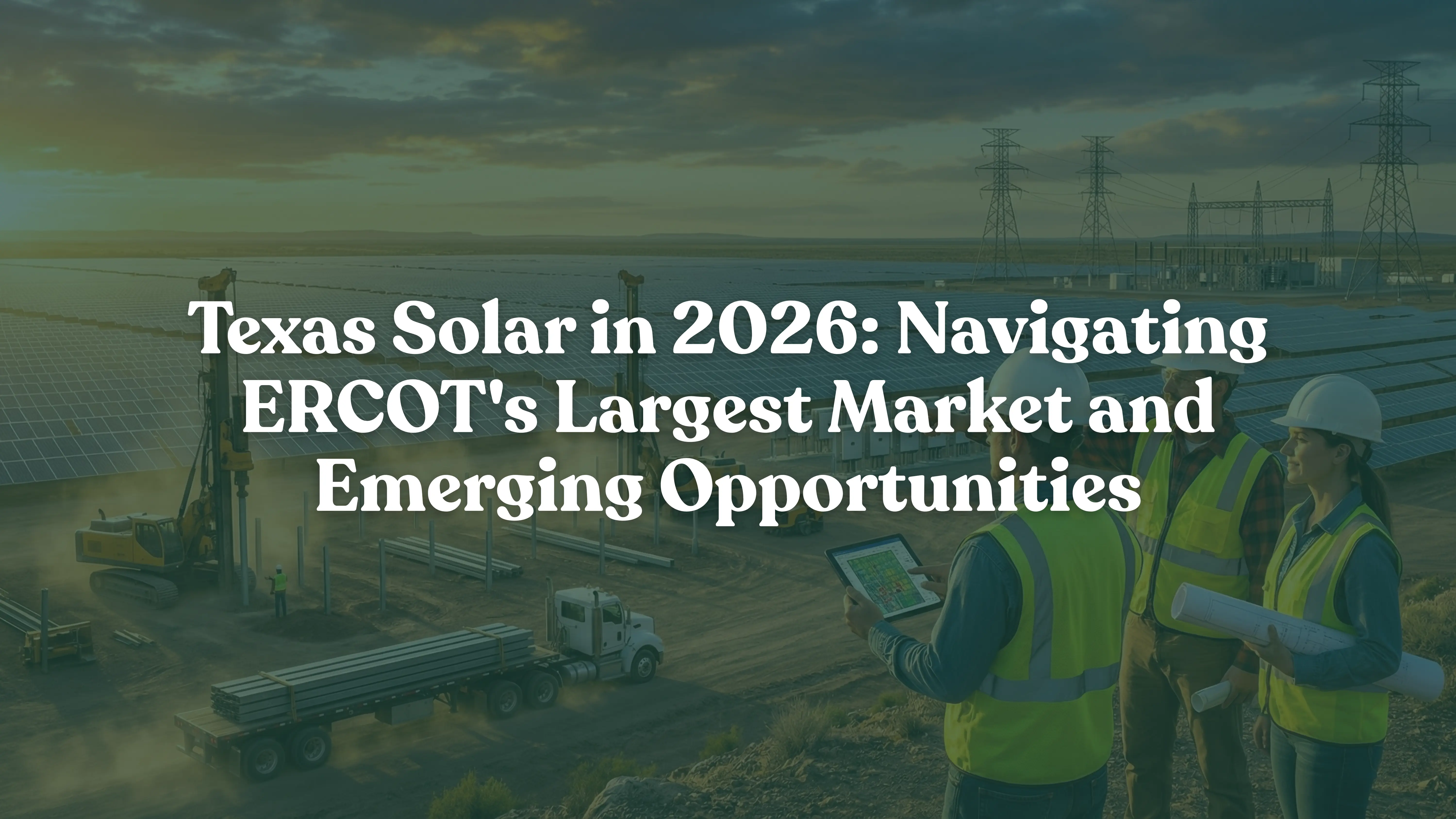 Commercial solar installers and engineers overlook a sprawling utility-scale solar farm construction site in West Texas at sunrise, representing the explosive growth and $50.1 billion value of the Texas solar market 2026 and ERCOT grid expansion.