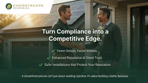 Solar installer reviewing PE stamp requirements solar documentation with enginee. Book a demo with energyscape renewables