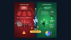 Comparing traditional solar proposal pricing with automated proposal software, showing $30+ per proposal costs versus under $10 with automation, highlighting 75% cost reduction, $2,000 monthly savings, and increased efficiency through AI-driven solar sales processes.