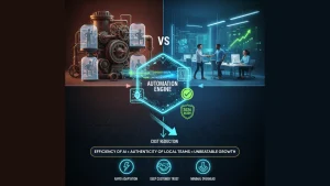 comparing traditional manual processes with modern automation, showing an AI-powered automation engine driving cost reduction, efficiency, and growth for local businesses, contrasted against outdated machinery, highlighting rapid adaptation, customer trust, and minimal overhead in 2026.