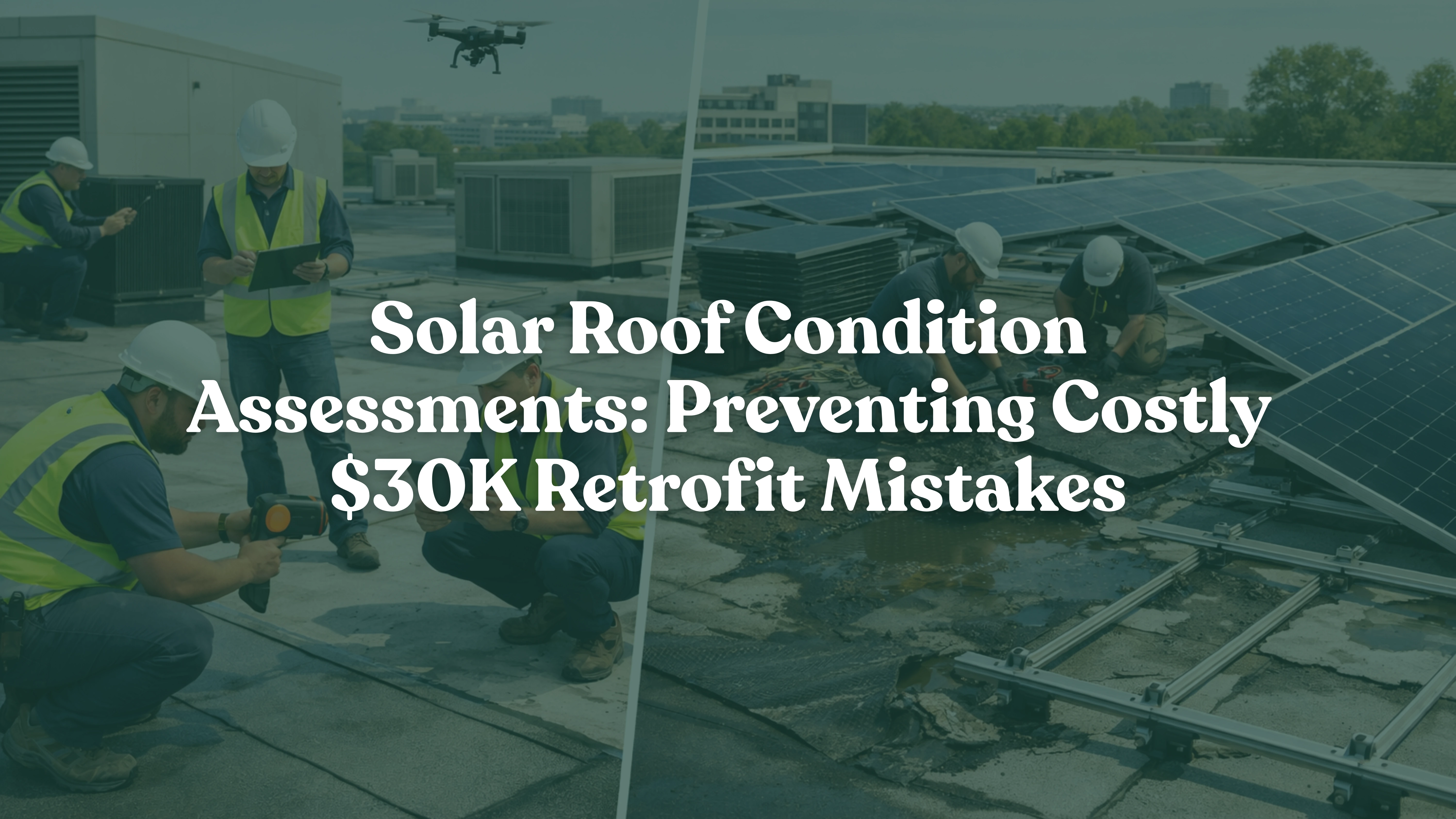 Commercial solar rooftop assessment showing engineers inspecting roof condition with drone and thermal scanner, contrasted with damaged commercial roof requiring solar panel removal and repair, highlighting the importance of pre-installation roof inspections.