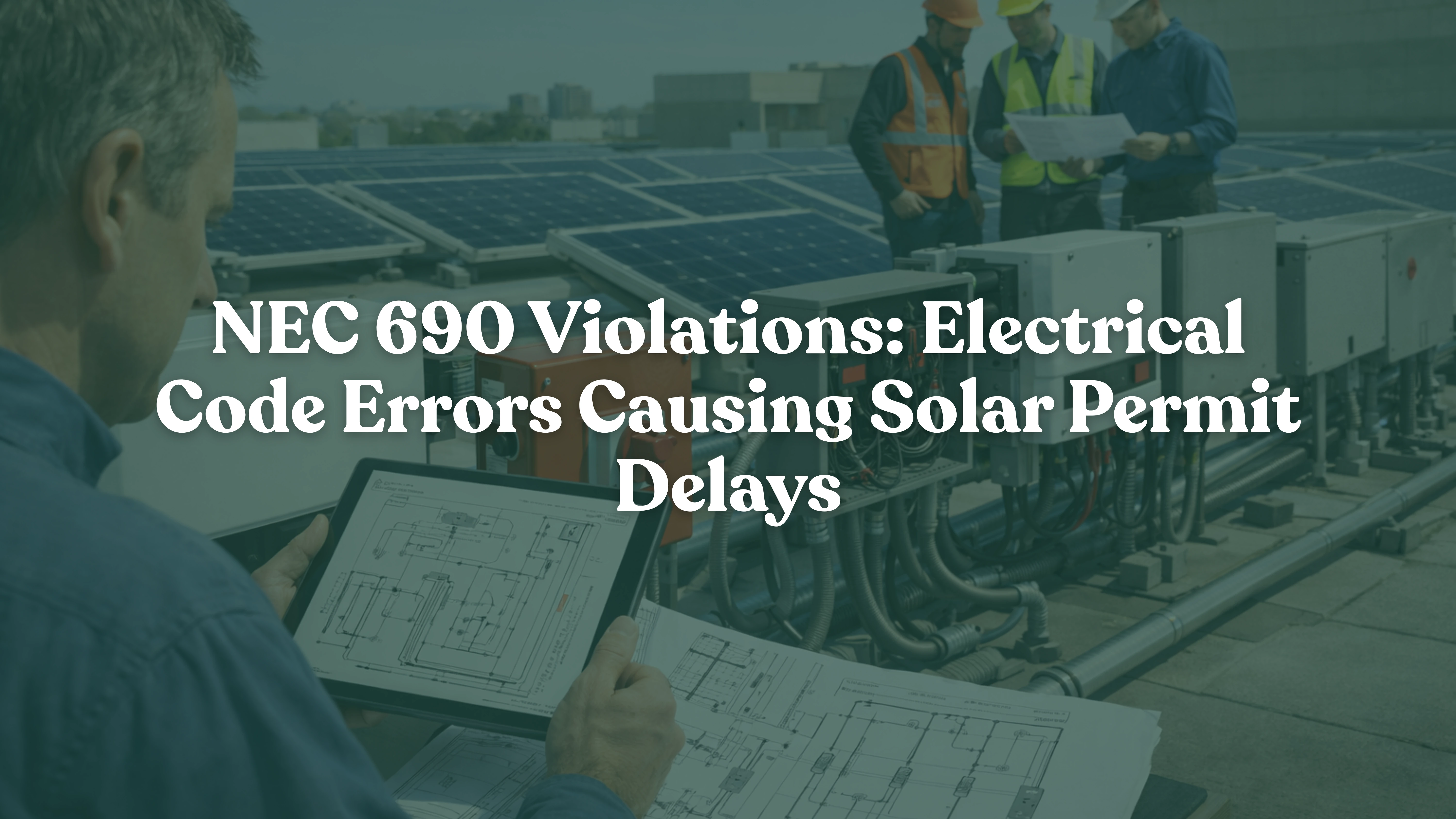 Commercial rooftop solar installation undergoing inspection, showing an electrical inspector reviewing NEC 690 wiring diagrams on a tablet while installers examine plans near inverters, conduits, and DC disconnects, highlighting common electrical code issues that cause solar permit delays.