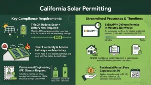 Infographic explaining California solar permitting requirements for 2026, including Title 24 solar-plus-battery mandate, fire safety access pathways, PE stamp requirements, SolarAPP+ expedited permits, streamlined inspections under AB 2188, and residential permit fees capped at $450.