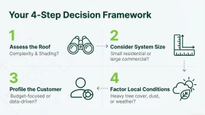 Solar installer decision flowchart for choosing microinverters vs string inverters based on roof type shading and budget