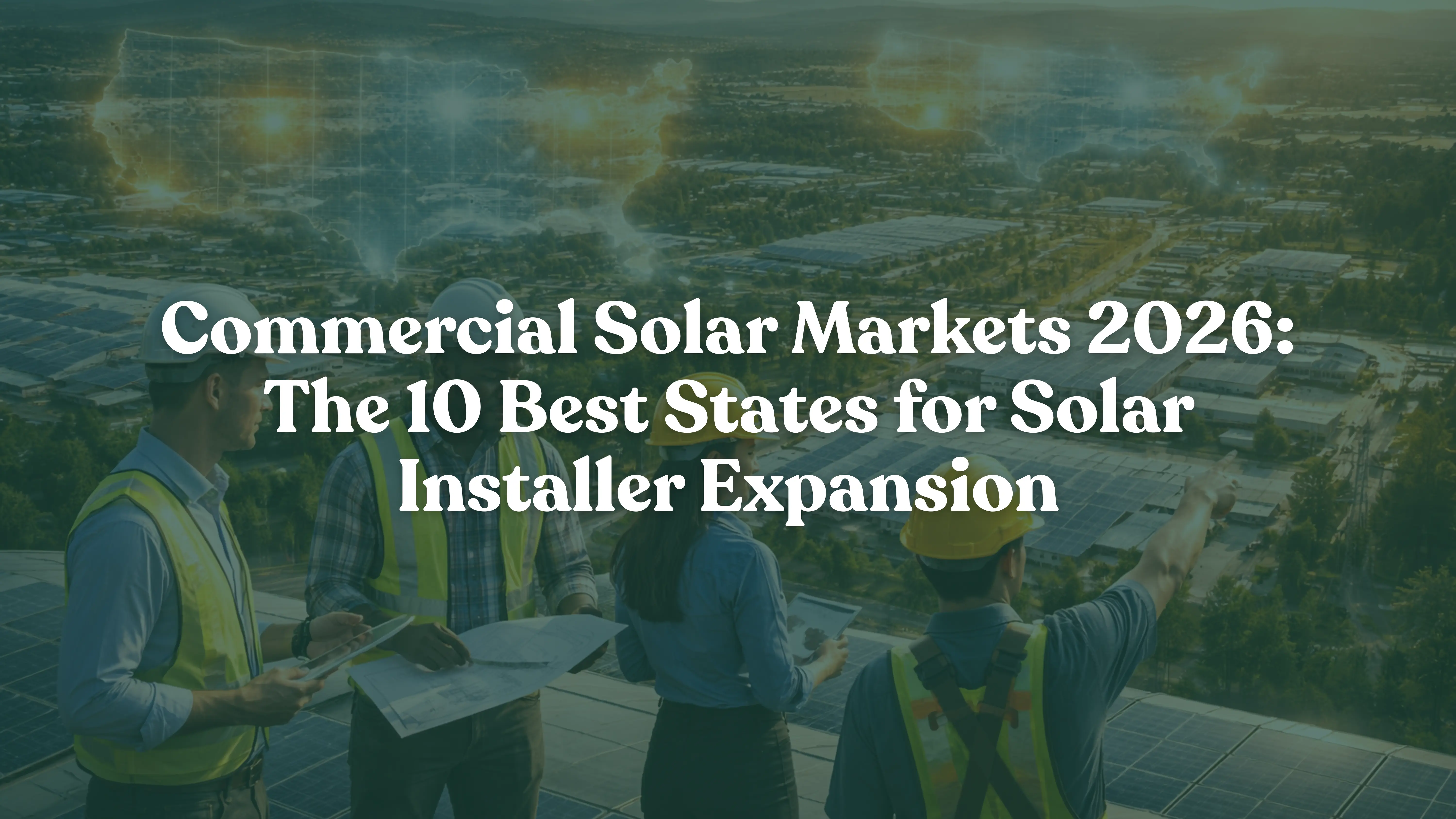 The infographic showing commercial solar market expansion in the United States in 2026, with solar-covered warehouses, offices, and factories across multiple states, and professional solar installers and EPC engineers reviewing plans in the foreground, representing high-growth commercial solar markets and favorable state policies.