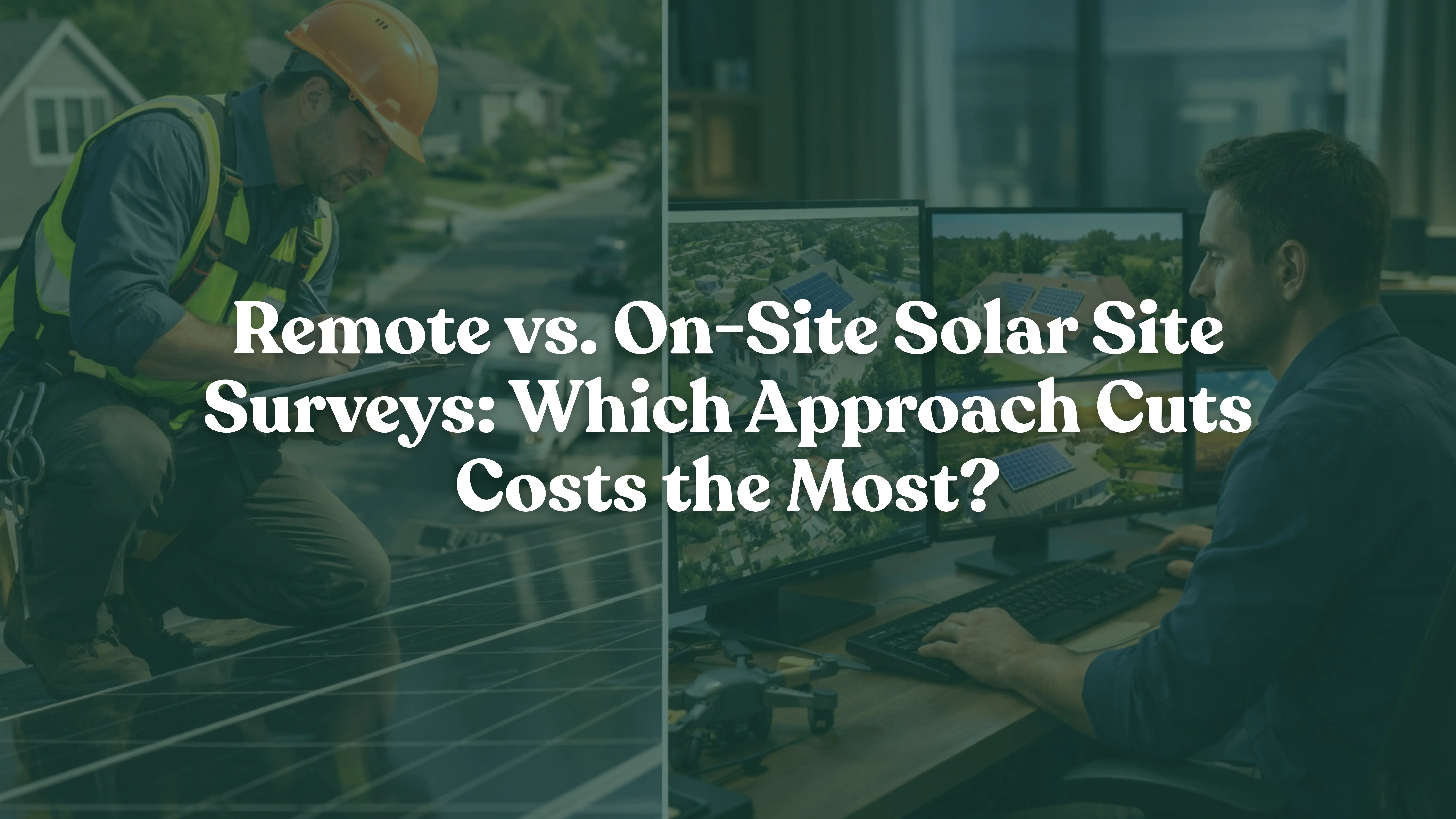 The comparison of on-site and remote solar site surveys, showing a solar engineer inspecting rooftop panels during an in-person visit and a solar analyst conducting a remote survey using satellite imagery and 3D solar mapping in an office, highlighting cost-efficient and scalable solar survey methods for installers and EPCs in the U.S.
