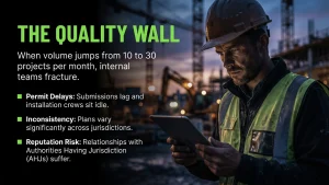 Chart comparing solar quality control metrics at different project volumes with engineering partners