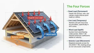 Solar panel snow load showing drift zones requiring roof load calculations for solar installations