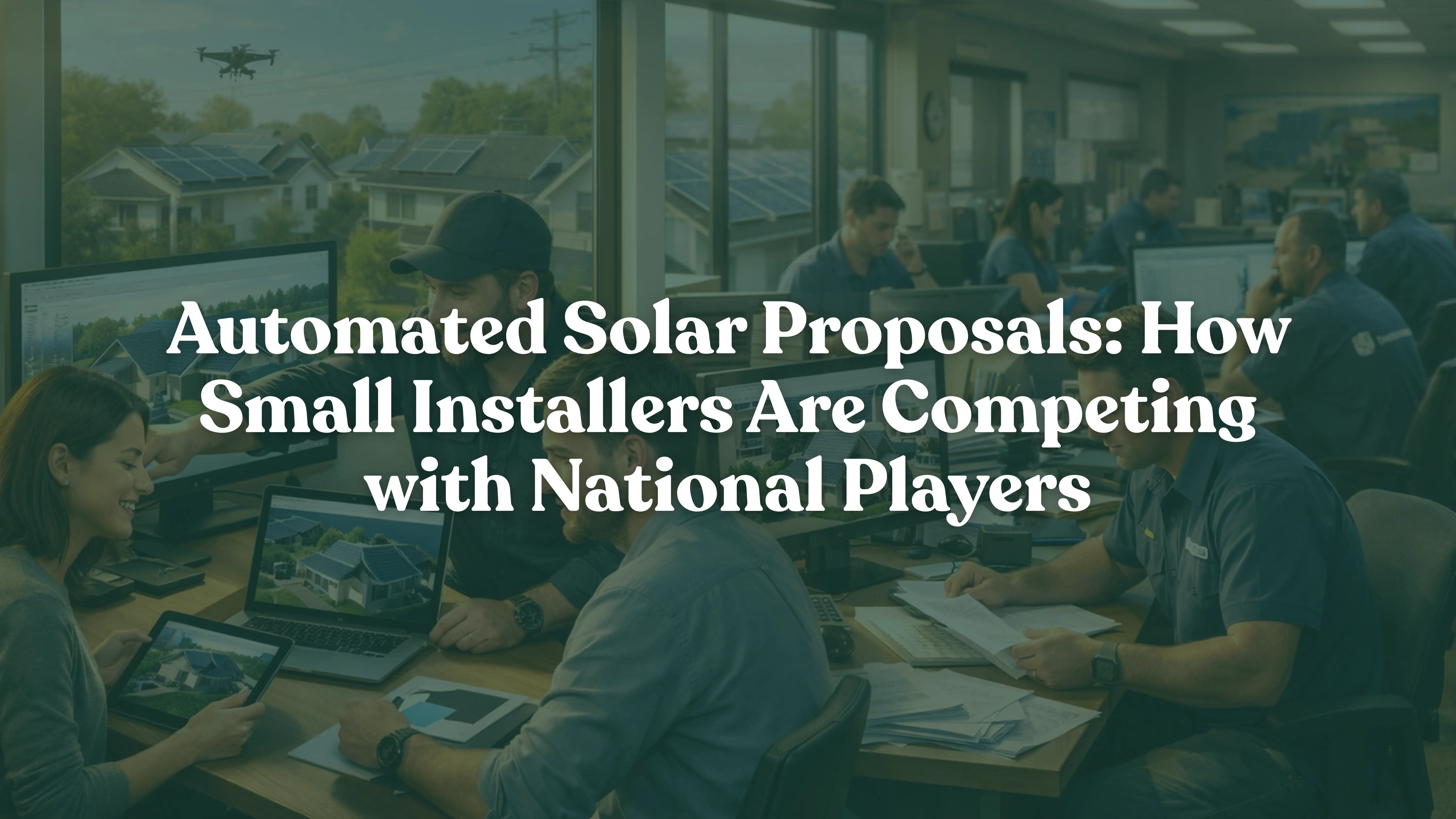 Small local solar installer team using automated digital proposal tools to design rooftop solar systems, contrasted with a large national solar company office using slower traditional workflows, illustrating how automation helps small solar installers compete with national players in residential solar sales.