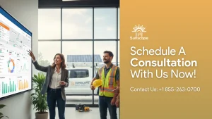A solar project manager using Sunscape CRM software on a large digital dashboard to coordinate installation teams; showcasing professional solar project management and tracking tools for residential and commercial installers.