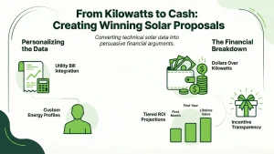 Solar sales proposal strategy showing personalized energy data, utility bill integration, ROI projections, financial breakdown, and incentive transparency to help U.S. solar installers and EPCs convert leads into signed solar contracts.