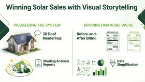 Visual storytelling in solar sales using 3D roof renderings, shading analysis reports, before-and-after utility bills, and simplified financial data to help U.S. solar installers and EPCs increase proposal conversion and close more solar contracts.