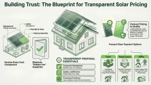 Transparent solar pricing breakdown showing itemized equipment, labor, permits, and interconnection costs, clear payment options, and financing choices to help U.S. solar installers and EPCs build trust, justify value, and close more solar contracts.