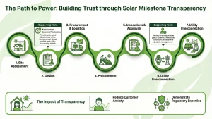 Solar project milestone transparency showing site assessment, system design, procurement, inspections, and utility interconnection to build customer trust, reduce delays, and help U.S. solar installers and EPCs deliver reliable solar installations.