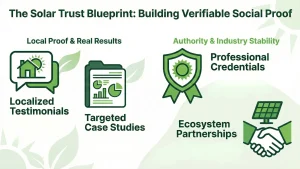 Solar trust-building strategy using localized customer testimonials, solar case studies, professional credentials, and industry partnerships to establish social proof and help U.S. solar installers and EPCs close more solar sales.