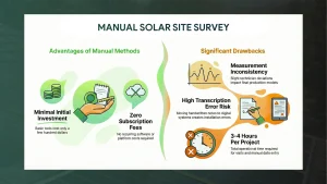 Manual solar site survey infographic showing advantages and drawbacks, including low upfront cost and zero subscription fees versus measurement inconsistencies, transcription errors, and 3–4 hours per project for residential solar site assessments and rooftop solar installations.