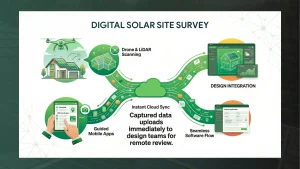 Digital solar site survey infographic illustrating drone and LiDAR scanning, guided mobile apps, instant cloud data sync, and seamless software integration for accurate rooftop solar design, remote review, and faster solar permitting workflows.