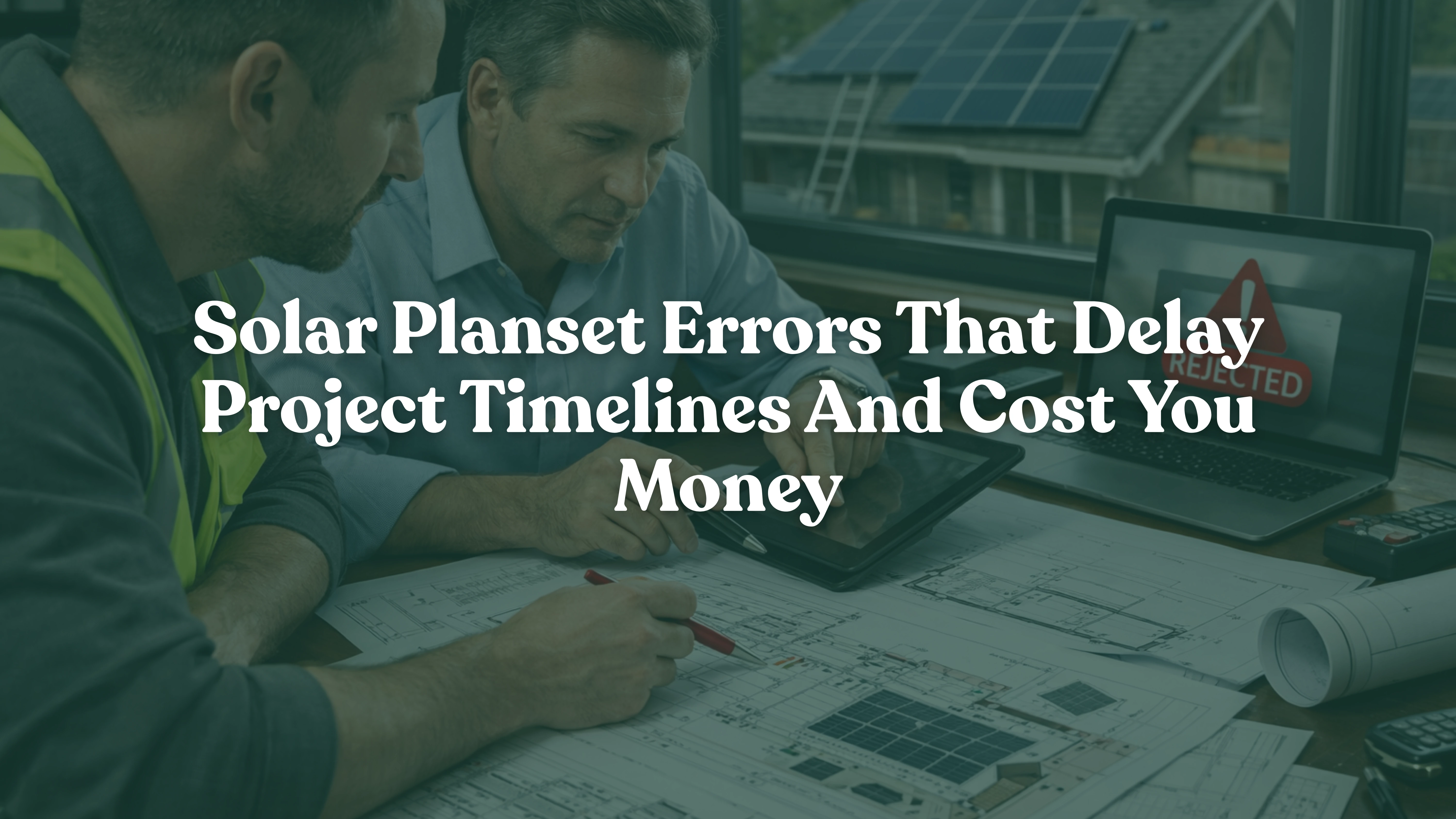 Solar plan set errors causing permit rejections and project delays, showing engineers reviewing solar drawings and documentation to identify design mistakes that impact installation timelines and profitability for solar installers and EPCs.